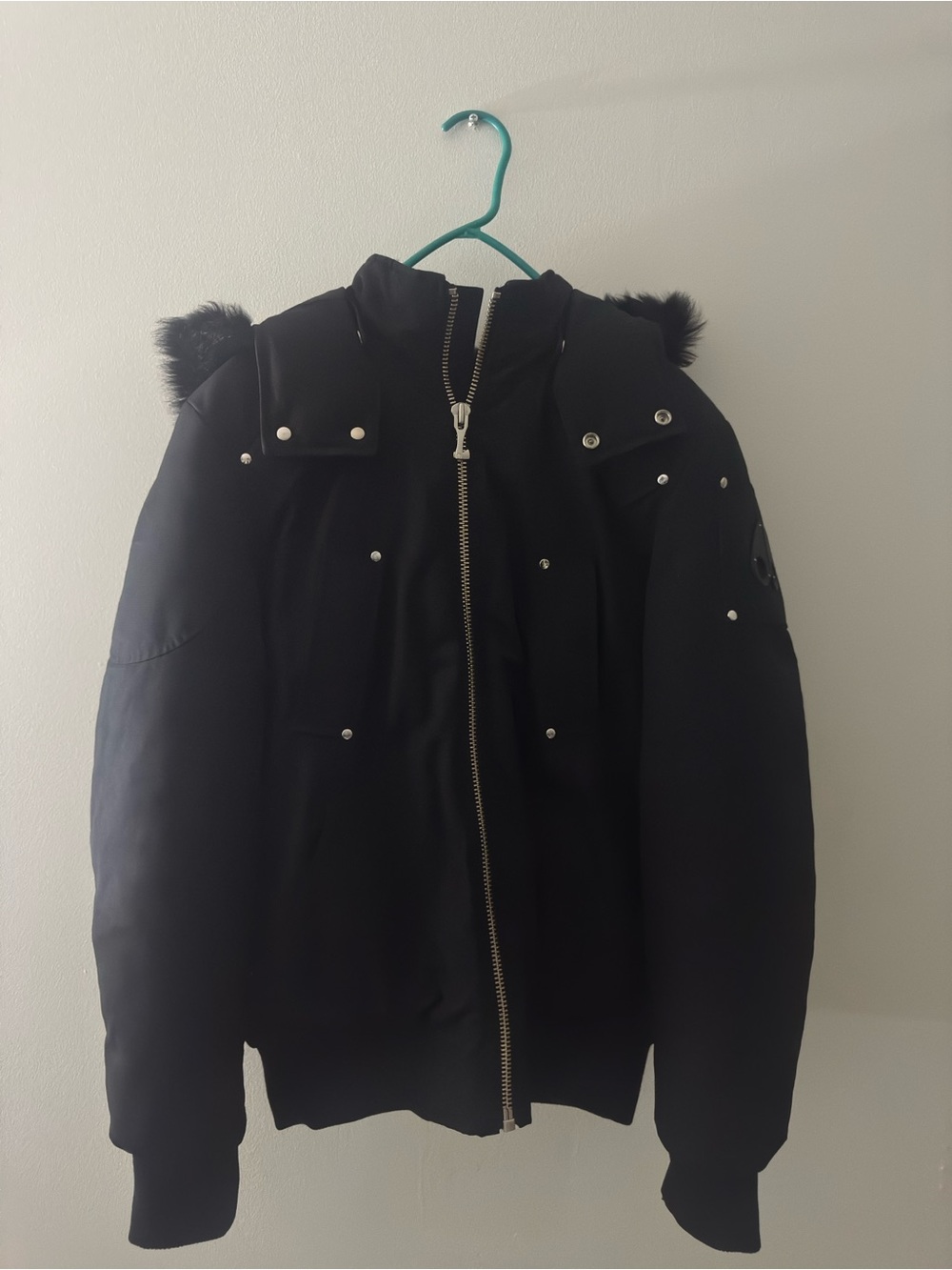 Moose Knuckles Black Men's Ballistic Bomber Jacket w/ Fur Trim
